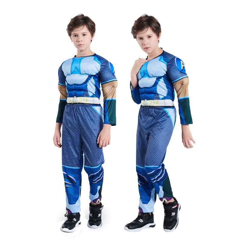 Superhero Kids Bodysuit Anime Cosplay Costumes Muscle Weightlifter Blue Jumpsuit For Boys