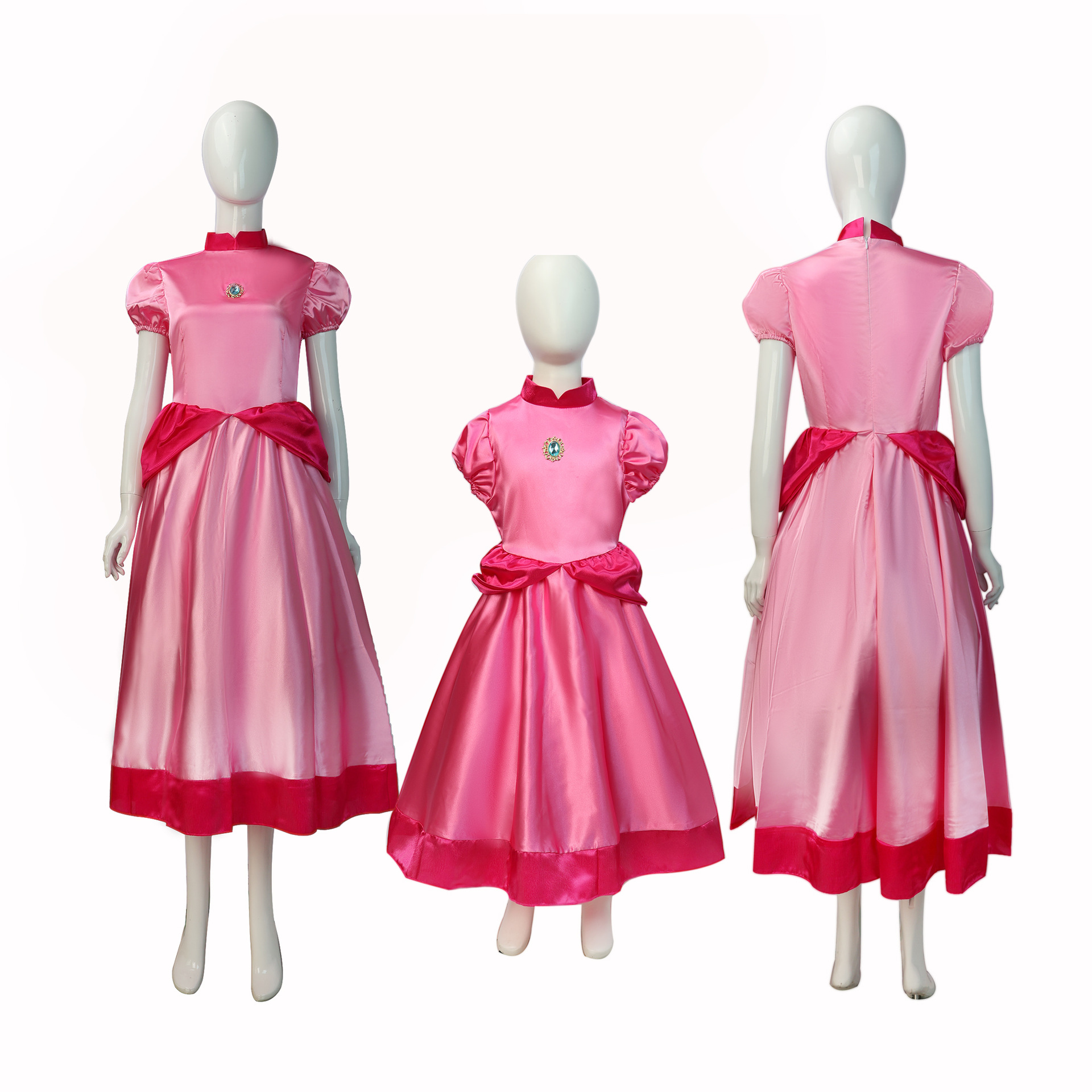 Super Mario Peach Princess Cosplay Costumes Pink Adult Children Dresses Crown 2PCS Suits