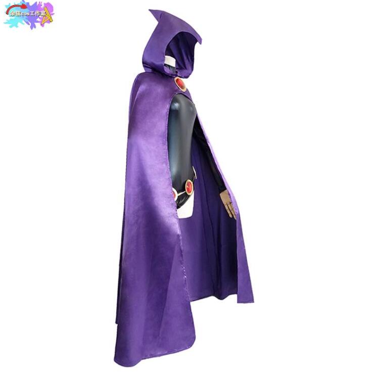 Teen Titans Raven Cosplay Costume Women Black Bodysuit Purple Hooded Cloak Jumpsuits Halloween Party Costume