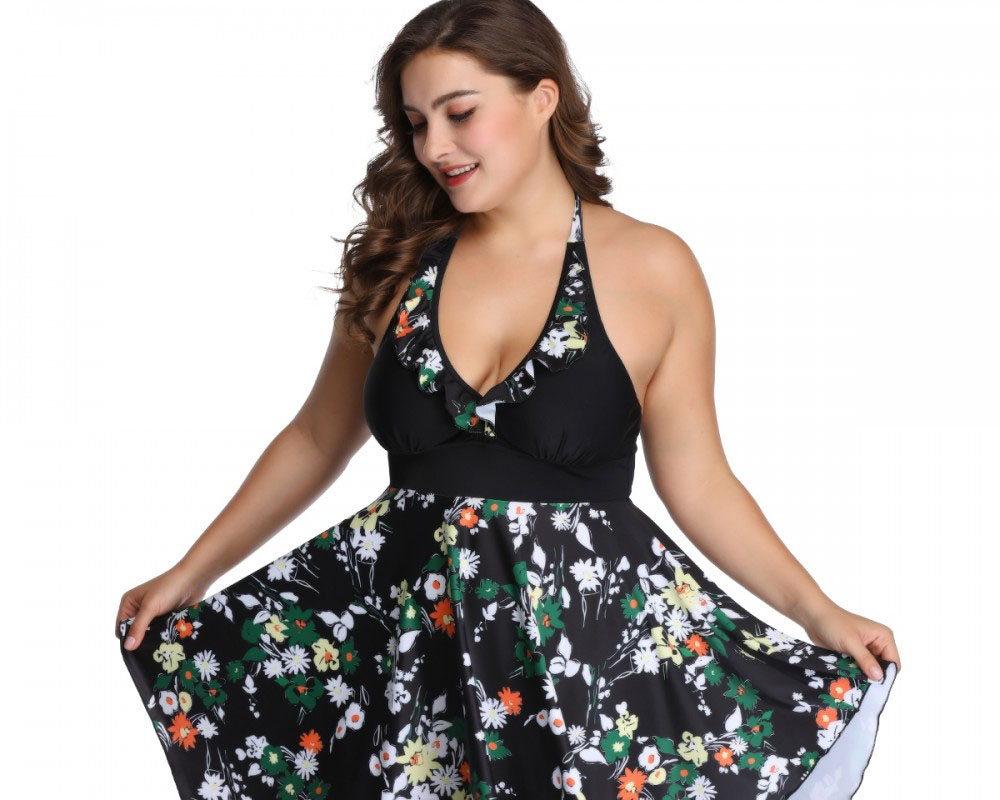 Black Floral Swim Dress Plus Size Swimwear Cheap Bathing Suits