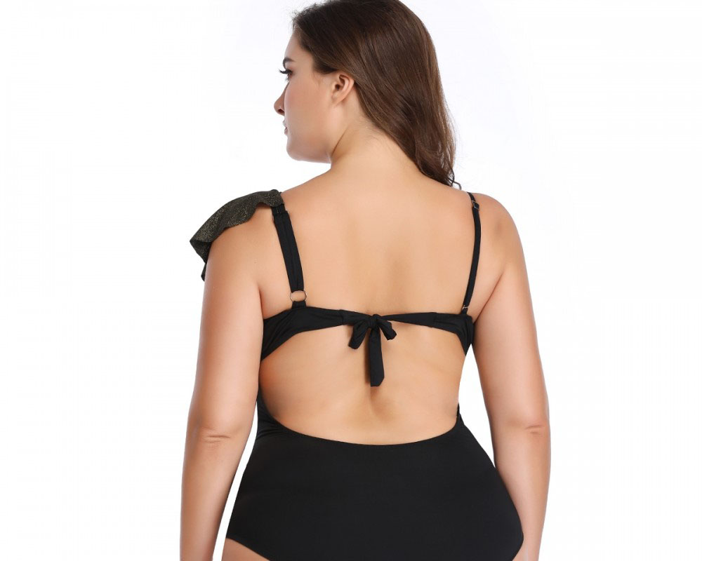 One Piece Black Plus Size Swimsuit Flounce Foldover Off Cheap Bathing Suits