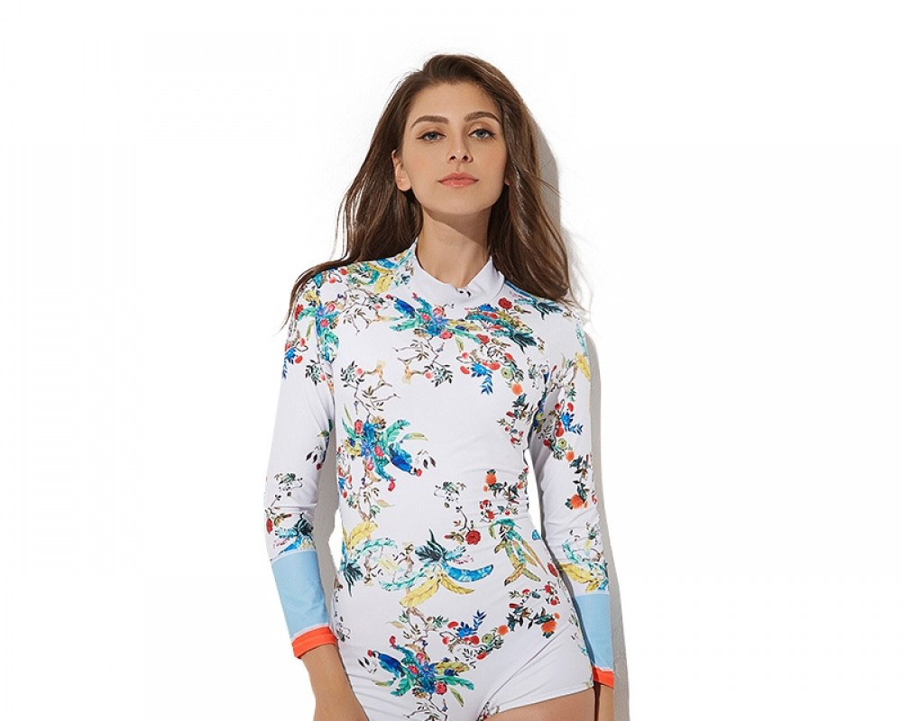 Womens White One Piece Bathing Suits Rash Guard Surf Suits Long Sleeve