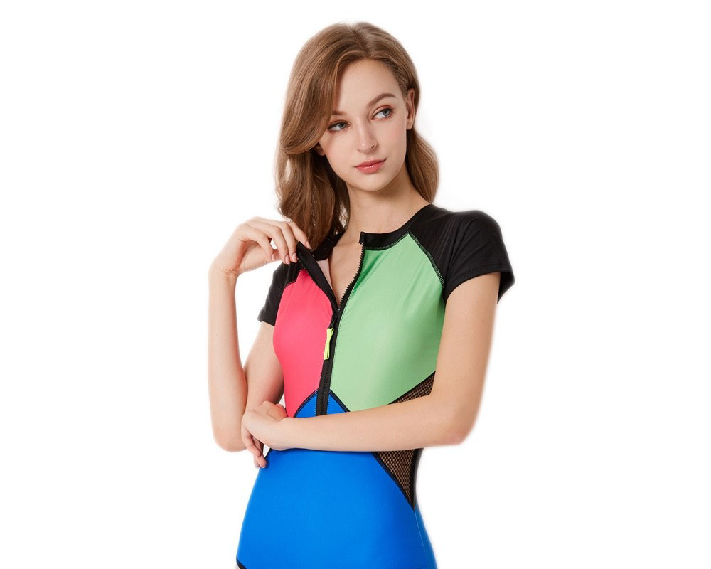 Womens One Piece Swimsuits Short Sleeve Bathing Suits Rash Guard Zip Up