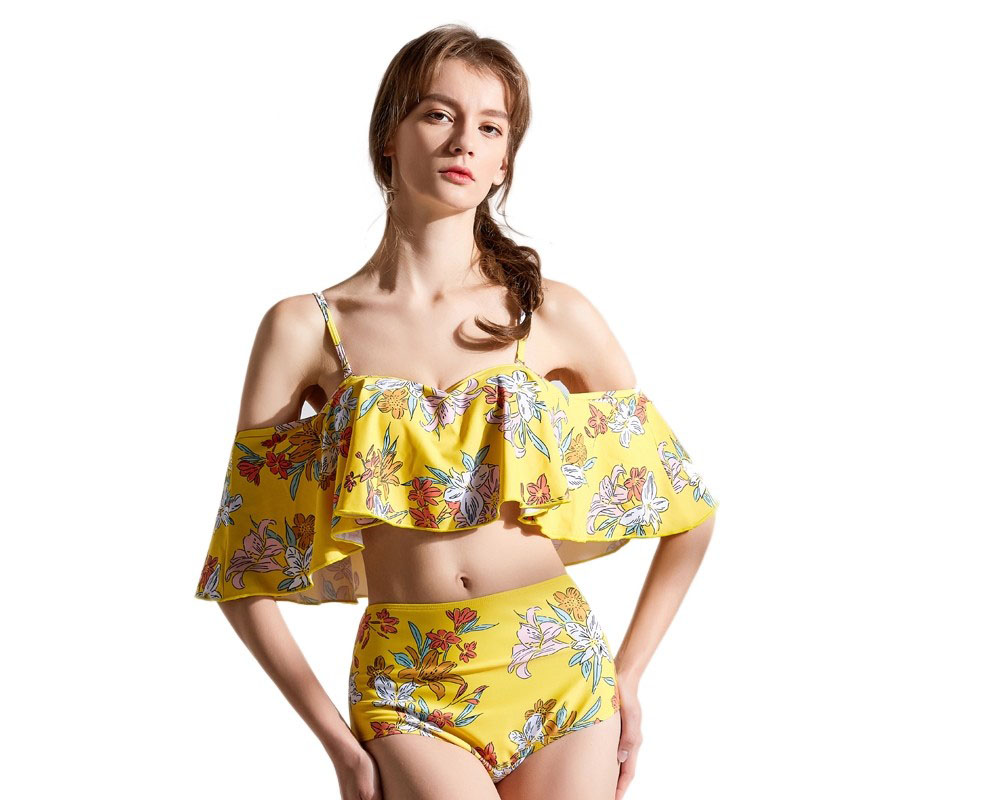 Yellow Swimsuits Flounce Foldover High Waisted Cheap Bathing Suits