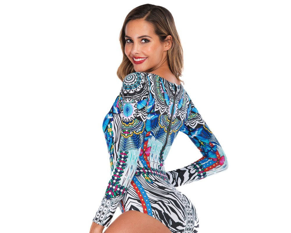 One Piece Long Sleeve Rash Guard Round Neck Swimsuits Women Bathing Suits