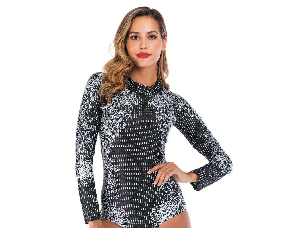 Womens Rash Guard Cheap Bathing Suits High Neck Zip Up Floral Swimsuits