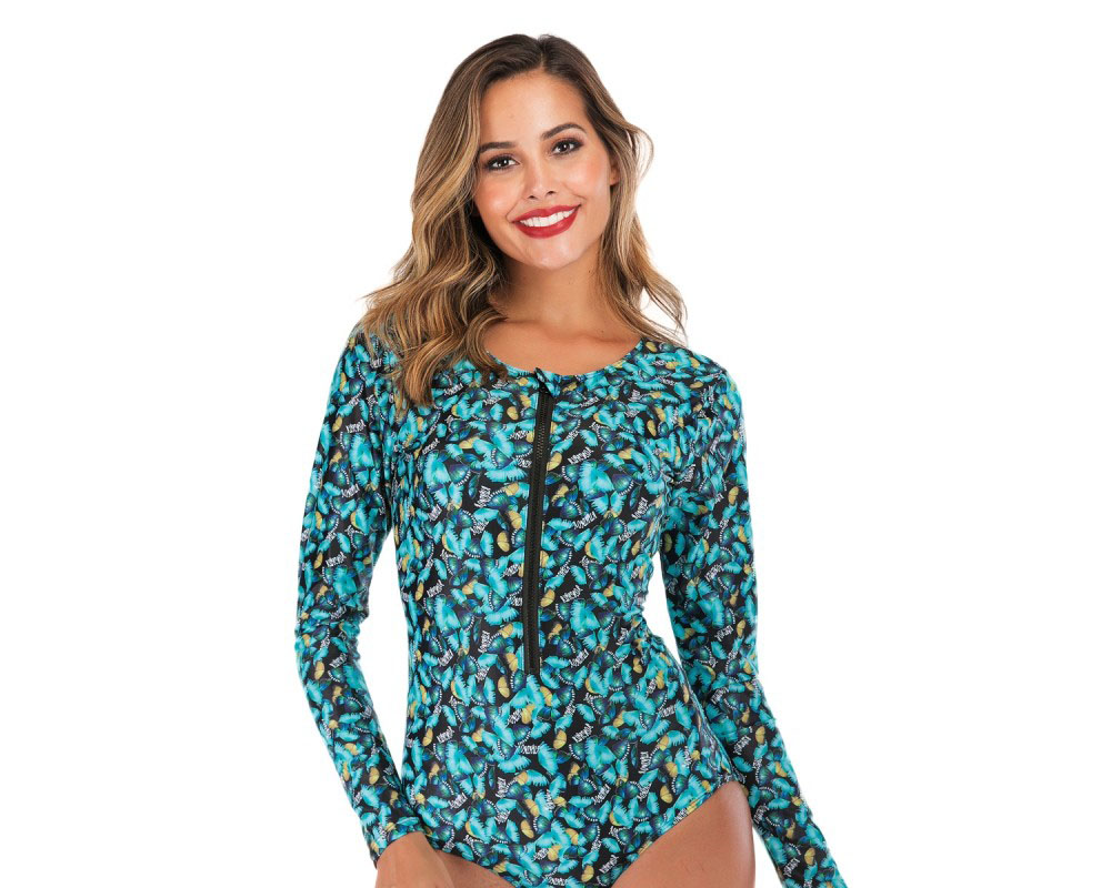 One Piece Blue Butterfly Rash Guard Women Round Neck Bathing Suits Round Neck