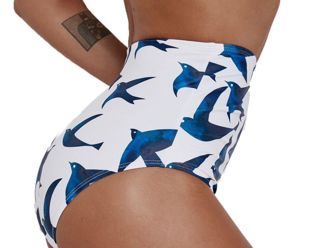 White Swimsuits Cheap High Waisted Bathing Suits Blue Bird Print