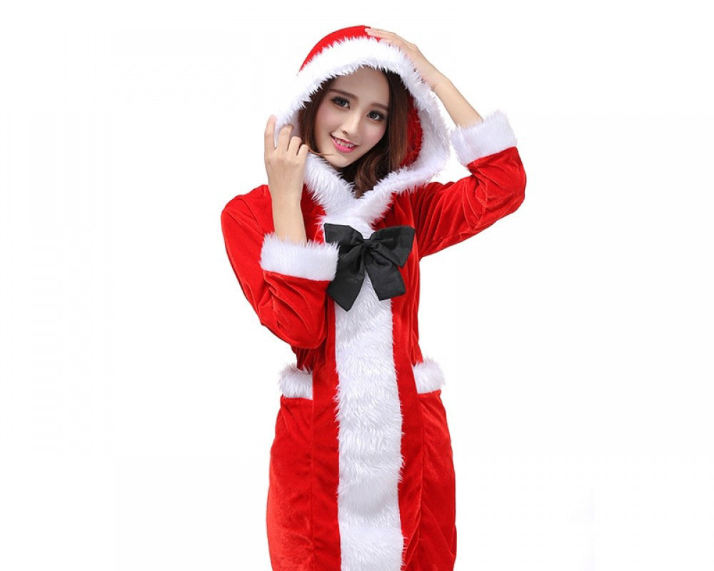 Womens Cute Santa Dress Hooded Warm Christmas Outfit Costume