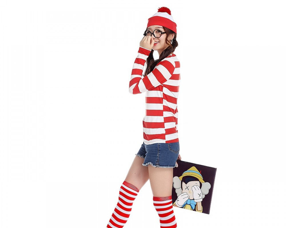 Womens Christmas Costumes Red Striped T-Shirt With Hat Sock Glass