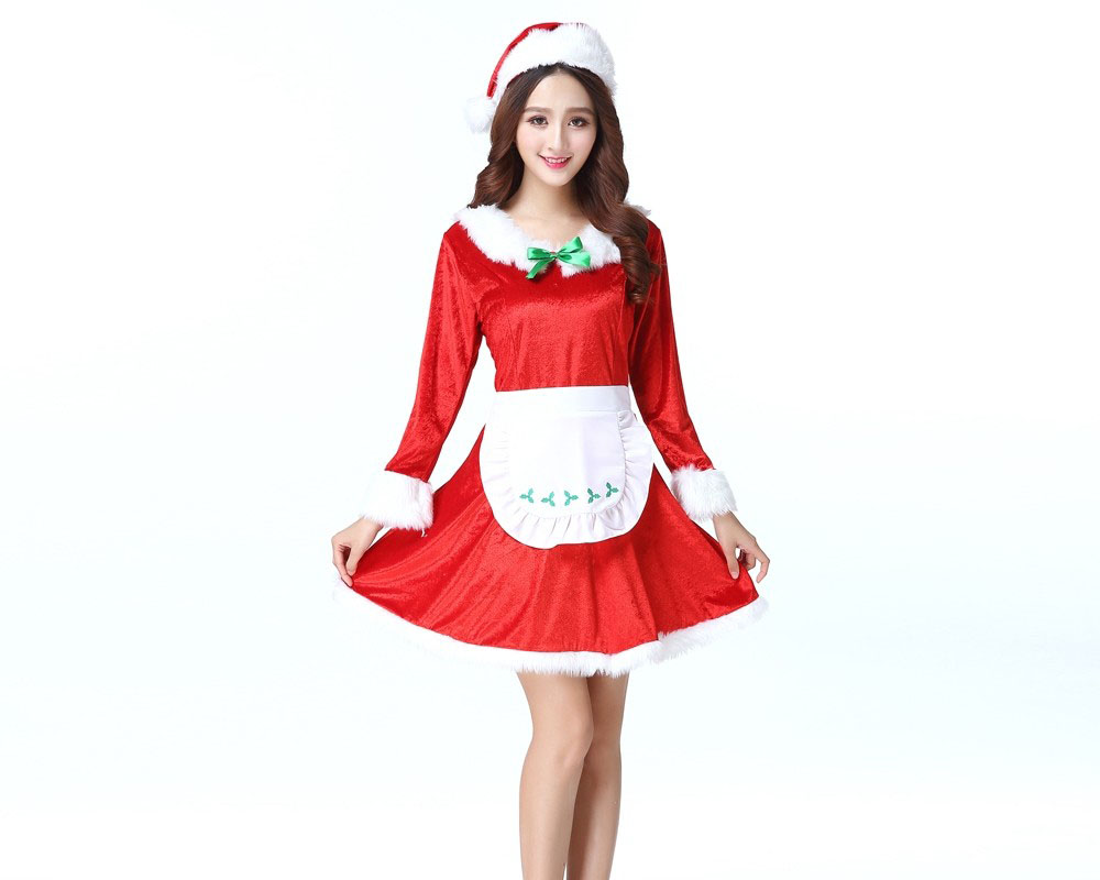 Womens Santa Cook Dress With Apron Christmas Outfit Costume
