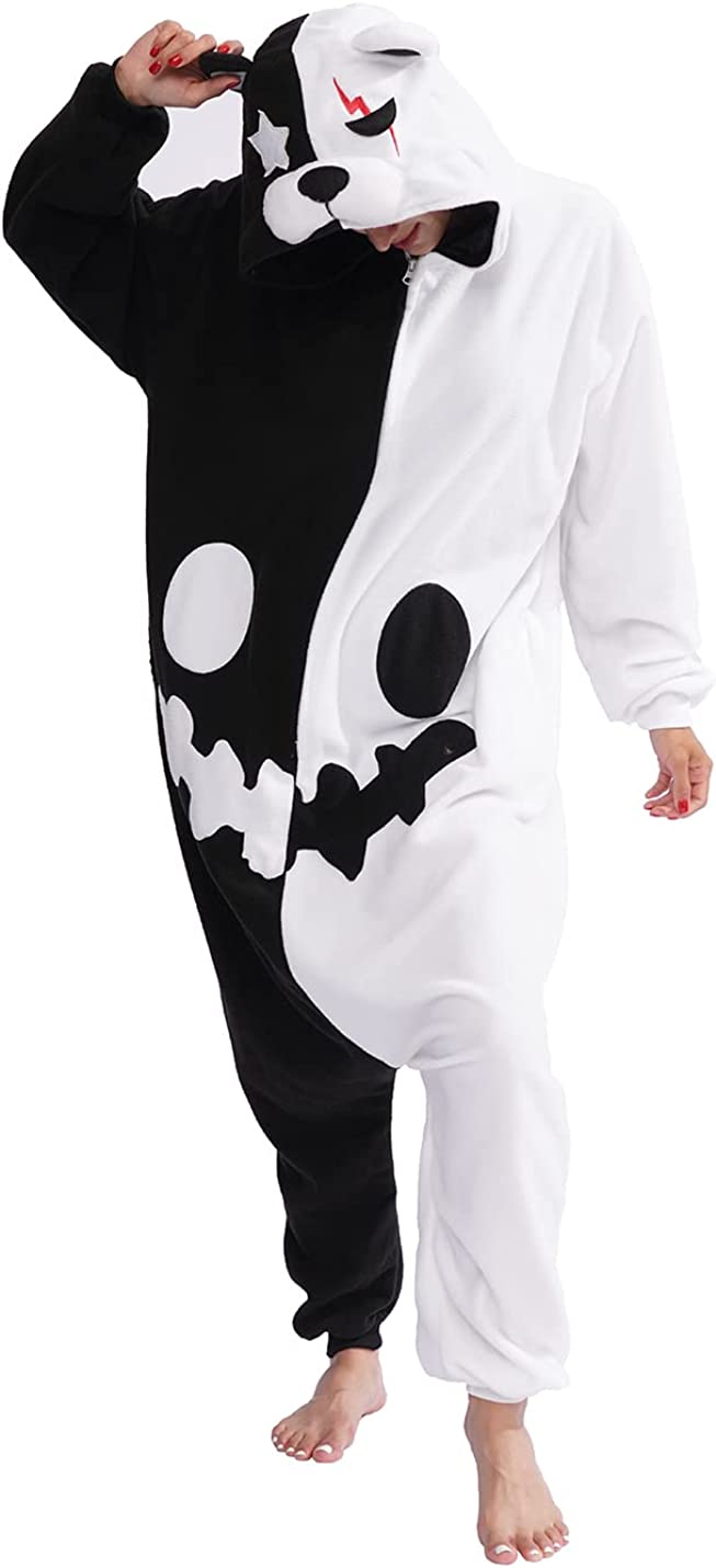 Black and white bear patchwork one-piece pajamas for adults