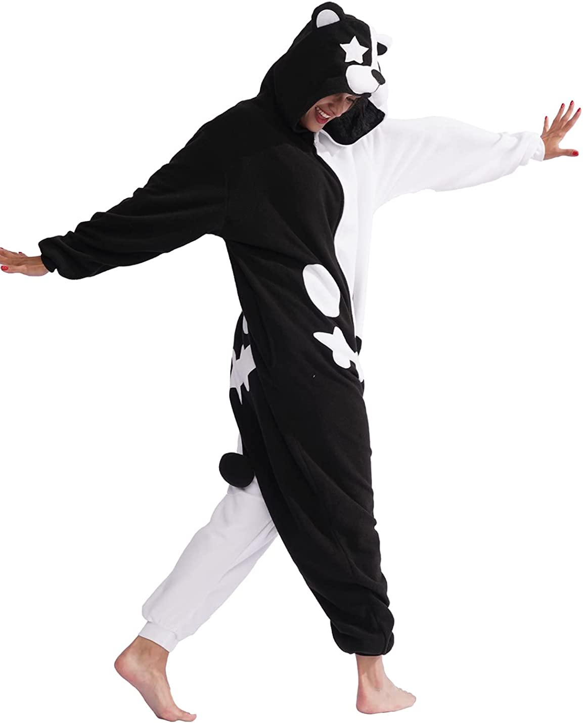 Black and white bear patchwork one-piece pajamas for adults