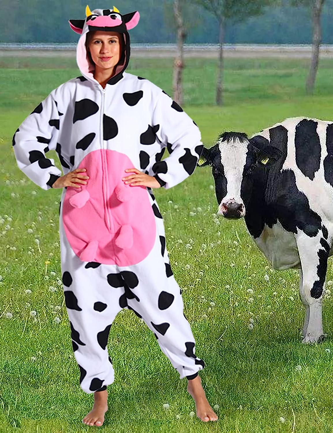 Adult Cow One-Piece Pajamas Animal Cosplay Halloween Costume