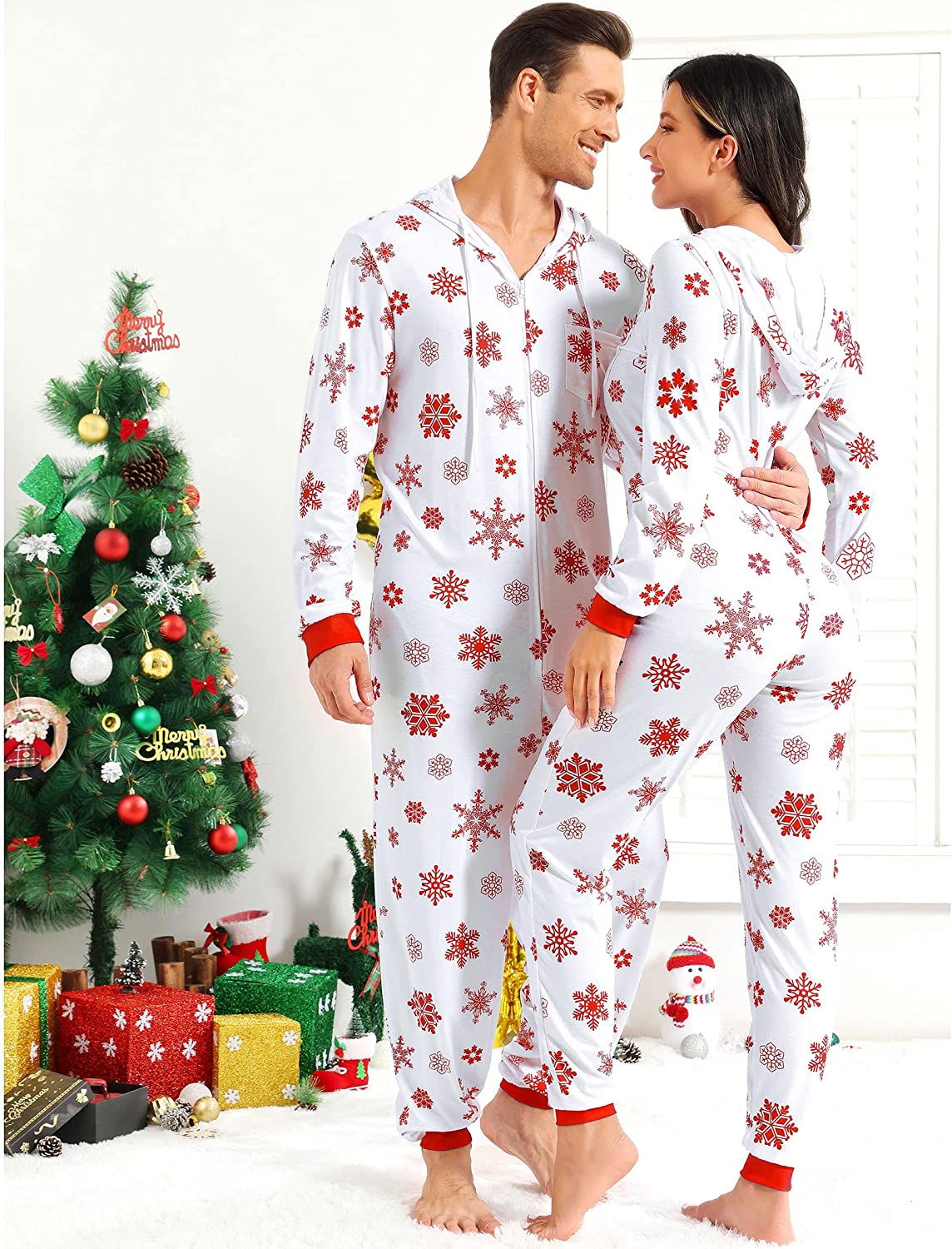 Red snowflake Christmas couple one-piece pajamas