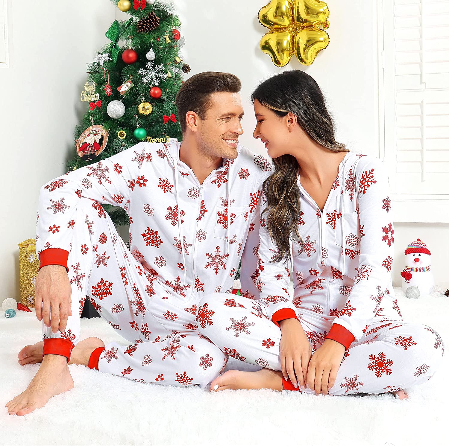 Red snowflake Christmas couple one-piece pajamas