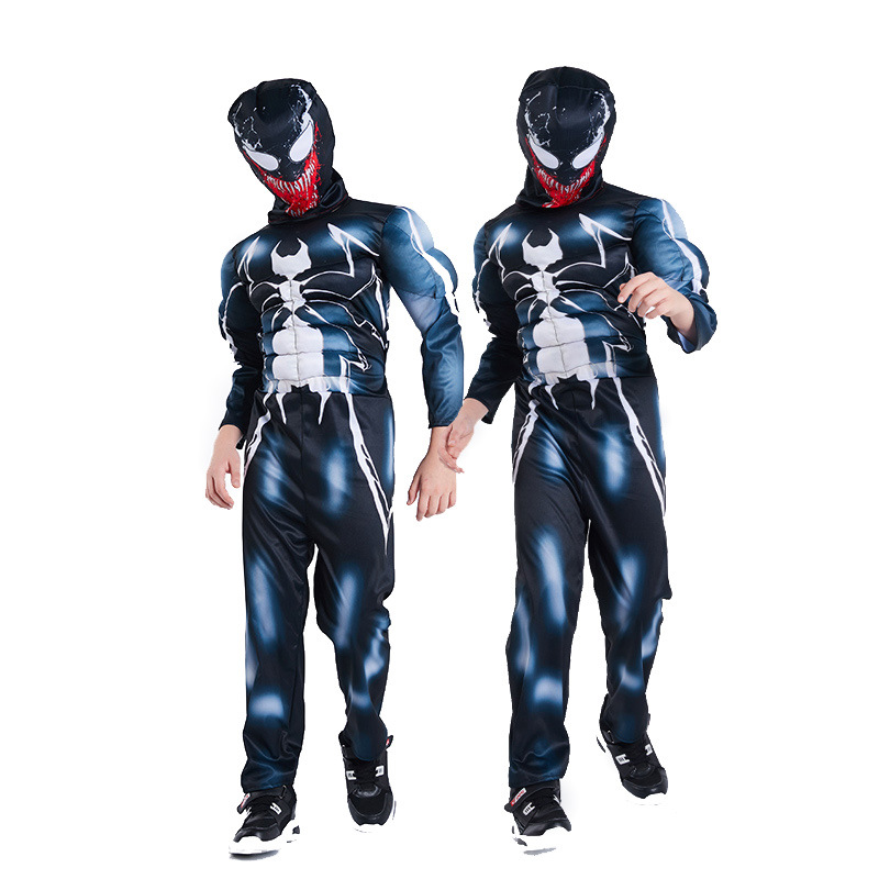 Black Venom Spider Cosplay Costumes Muscle Superhero Onesies Hood Suits For Children