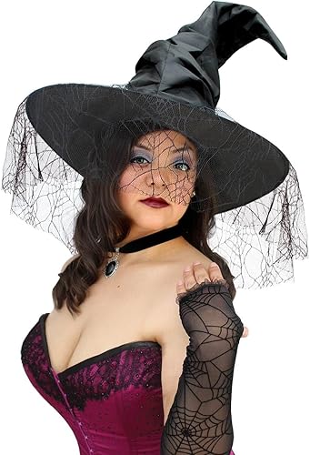 Women’s Halloween Witch Costume with Hat, Cloak & Lace Accessories