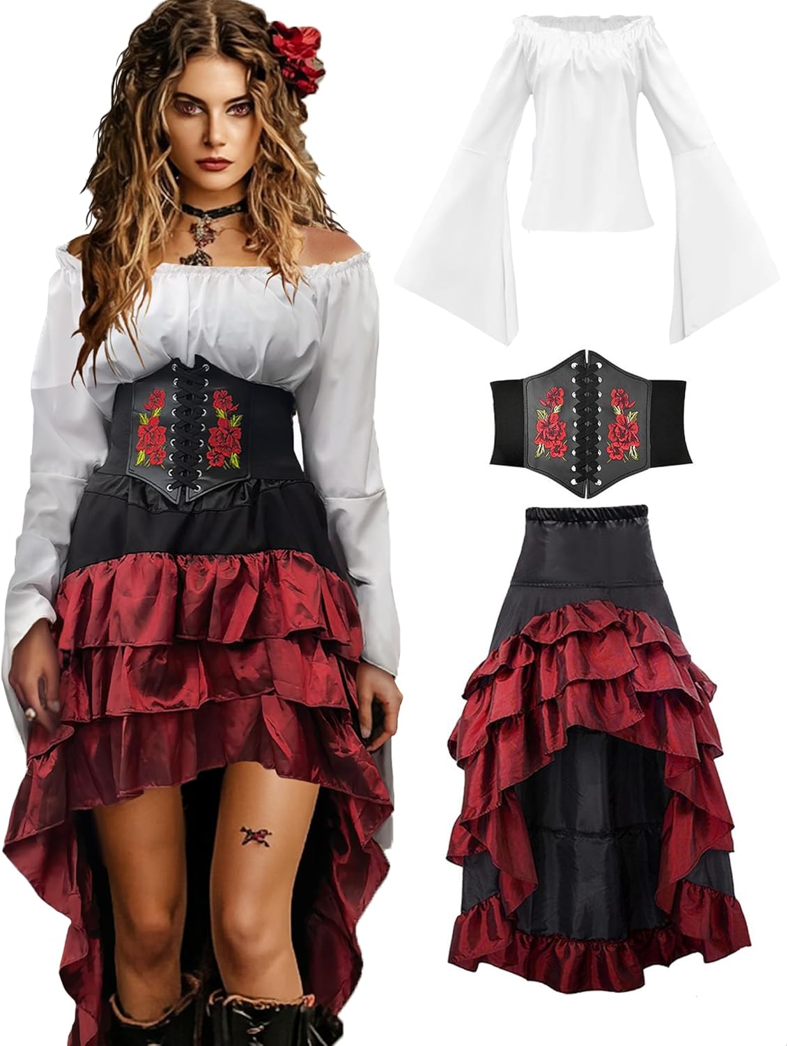 Women’s Renaissance Pirate Costume with Shirt, Skirt & Corset Belt